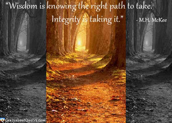 Three paths to take, two dark and one shining with glowing yellow light with integrity quote.